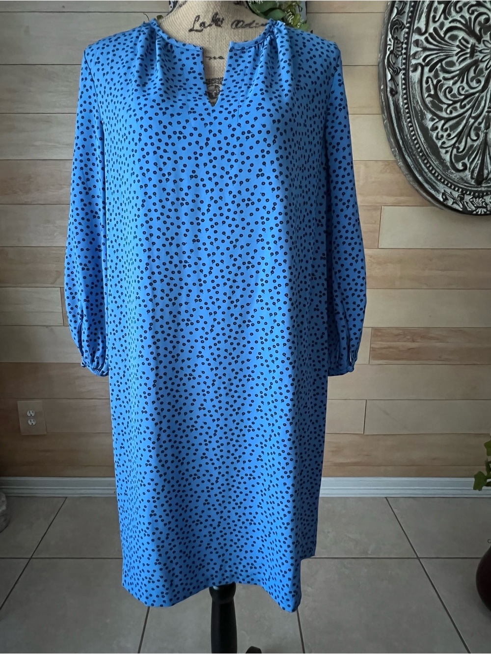 Ann Taylor Blue Floral Polka Dot Long Sleeve Shift Dress Size Large Petite